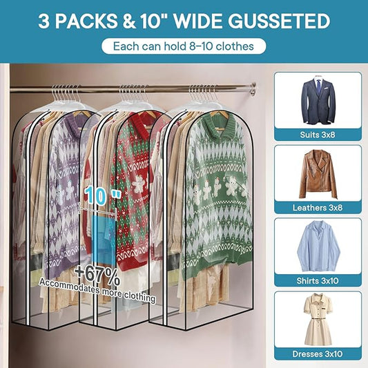10" Gusseted Clear Garment Bags for Hanging Clothes, 43" Suit Bags for Closet Storage, All Clear Clothes Covers with Side Zipper for Coats, Shirts, Dresses, Jackets, 3 Pack