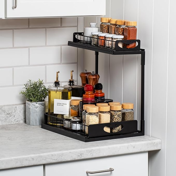 ClearSpace Under Sink Organizer, Pull Out Cabinet Organizer - 2 Tier Slide Out Organizers and Storage Shelf - Metal Sliding Drawer for Kitchen Bathroom Pantry Cabinet Organization Rack, Black