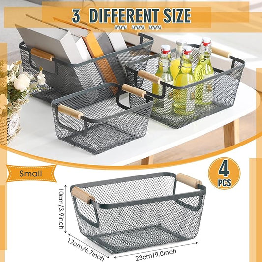 4 Pcs Metal Wire Basket with Wooden Handles Mesh Steel Storage Organizer Bin Containers for Home Organizing Cabinet Pantry Closet Kitchen Fridge Fruit Makeup Snacks Gifts(Small,Dark Gray)