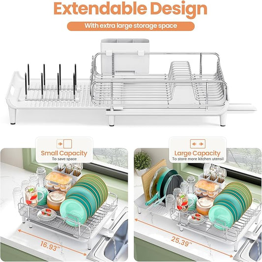 TOOLF Dish Drying Rack - Large Expandable Dish Rack for Kitchen Counter, Stainless Steel Dish Drainer for Kitchen Organization with Cutlery & Cup Holder,White