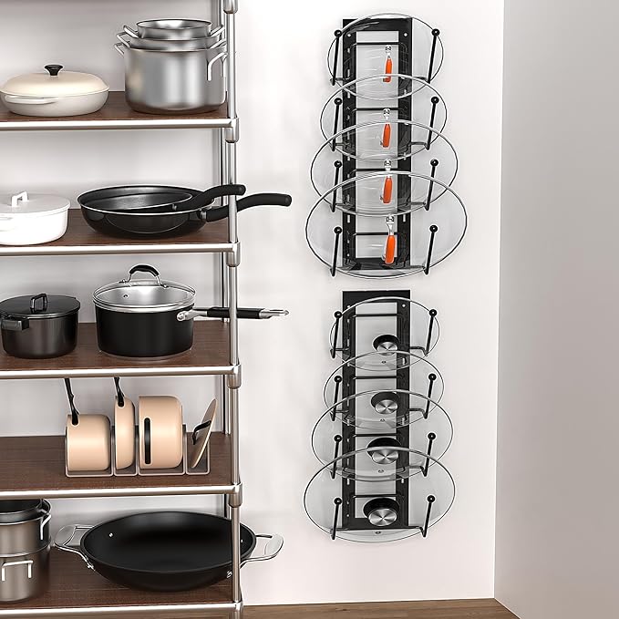 8 Layers of Adjustable Pot Lid Organizer Rack for Cabinet Door/Wall,2Pack Lid Organizer Pots and Pans Holder for Kitchen Storage with No Drilling Adhesive 5.7 W“(Black)
