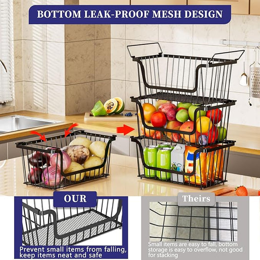 5 Pack Enhanced Leak-Proof Bottom Stackable Wire Baskets, Pantry Organizers and Storage, pantry storage,Shelf Baskets, Fruit Basket, Potato and Onion Storage Bins,(Black)