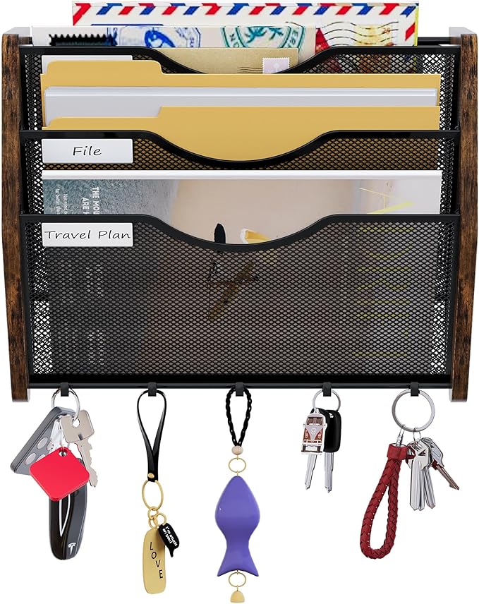 Wall File Organizer With Hooks,3 Tier Mesh Mail Organizer Wall Mounted,Hanging File Organizer,Magazine Holder for Documents,Magazine,Literature,File,Mails,Envelopes