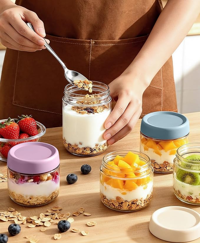 6 pack 16 oz Overnight Oats Containers with Lids and Spoons Glass Jars with Airtight Lids: Wide Mouth Mason Salad Jars, Leakproof and Reusable Glass Food Storage Container for Yogurt Snacks Spice