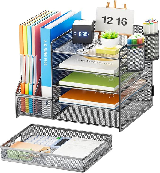 Marbrasse 5-Tier Paper Letter Tray Organizer with Drawer and Pen Holder, Mesh Desktop Organizer and Storage with Magazine Holder for Office Supplies (Grey)