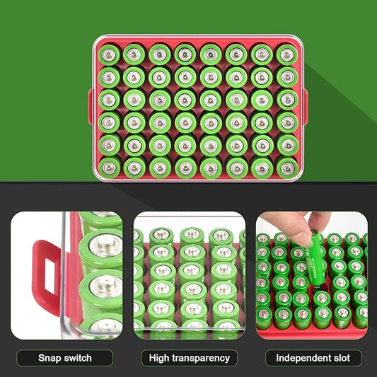 ALCYON Battery Organizer Storage Case, Battery Vault Box Container for 48pcs AA Batteries, Plastic Clear Protective Battery Holder for Travelling/Home/Office (Red, Large)