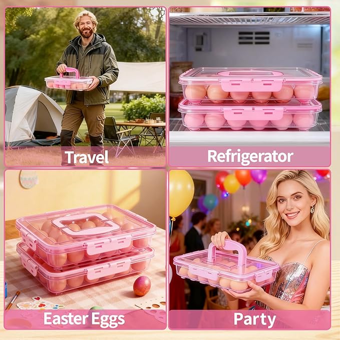 Deviled Egg Containers with Lid, 2 Pack Thick Clear Plastic Deviled Carrier with Handle Storage 48 Eggs, Stackable Egg Holder Portable Tray Platter for Fridge, Travel, Party-Pink