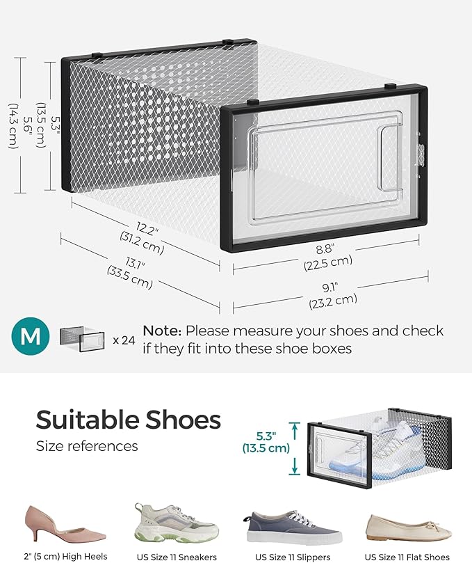 SONGMICS Shoe Boxes, Pack of 24 Shoe Storage Organizers, Stackable Clear Plastic Boxes for Closet, Sneakers, 13.1 x 9.1 x 5.6 Inches, Transparent and Black ULSP906B12
