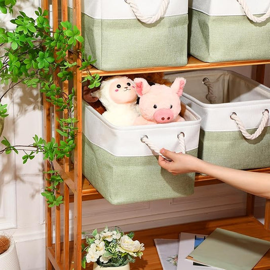 meekoo 8 Pack Collapsible Storage Bins Fabric Storage Bins Polyester Fabric Baskets with Handles Linen Closet Organizer for Shelf Home Closet Towels Toys(15 x 11 x 9.5 in,Green White)