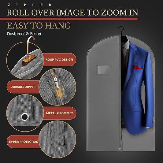 5 Pack 40-inch Suit Bag Garment Bag for Travel and Storage, Garment Bags for Hanging Clothes with Zipper and Visible Transparent Window, Gray