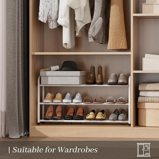 Expandable Shoe Rack, 3-Tier Metal Small Shoe Rack, Adjustable Shoes Organizer, Storage Shelf for Closet, Entryway, White