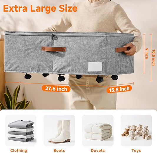 KitHero 60L Large Under Bed Storage with Wheels Pack of 2, Underbed Shoe Container Bin with Clear Lid Cover, 10.5 Inches Rolling Under Bed Drawer Storage Bag Basket for Boots Quilt Sweater - Grey