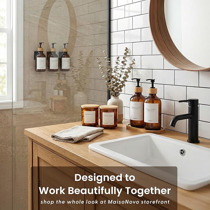 Maisonovo Glass Soap Dispenser Bathroom Set | Hand Soap and Dish Soap Dispenser Set | 16.9oz Amber Bottles with Black Bamboo Pump | Bathroom Lotion Dispenser with Pump Set of 2