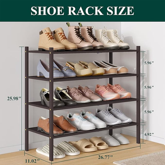 Smiry Bamboo Shoe Rack 4-Tier, Stackable Wooden Shoe Organizer for Entryway & Closet, Free Standing Wood Shoe Storage Shelf for Front Door & Small Spaces, Brown