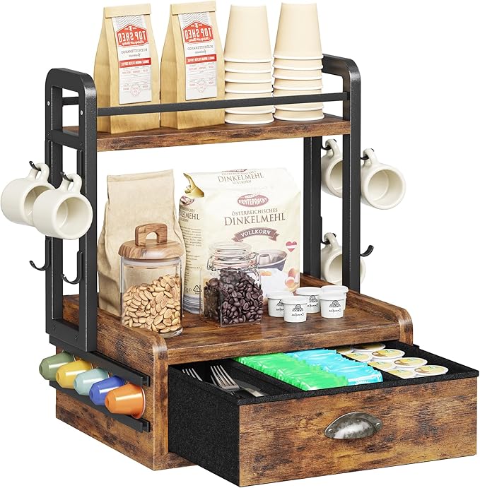 Homeiju Coffee Station Organizer, 40 Coffee Pods Storage & 8 Mug Hooks,Nespresso Pods Holder, Space-Saving Countertop Storage, Rustic Brown