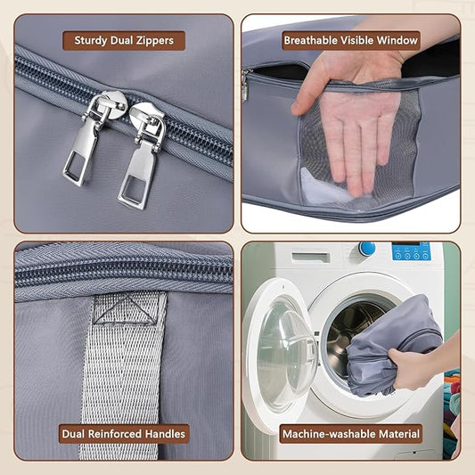 Compression Storage Bags for Down Comforters, Foldable Reusable Organizers for Down Coats, Clothes, Bedding, Blanket, Self Compression Packing Cubes Space Saver Bags with Dual Zipper, 2 Pack 136L Gray
