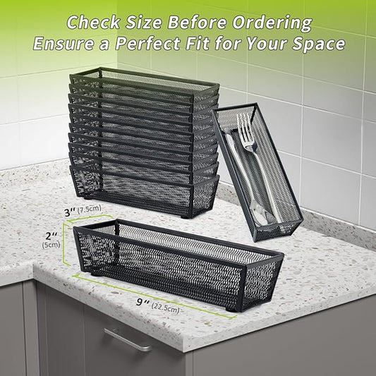 Neudeco Silverware Organizer,Mesh Drawer Organizer for Kitchen,Metal Utensil Organizer for Flatware, Knives, Spoons,Cosmetic (Black 9 * 3 * 2 inch Pack12)