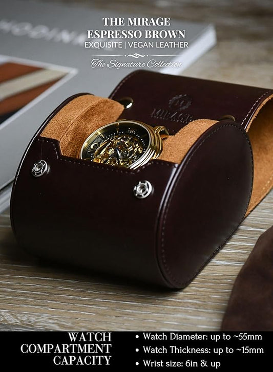 Single Watch Case Travel Box - Watch Travel Case for Men – Single Watch Roll - Espresso Brown Swiss Motif Vegan Leather