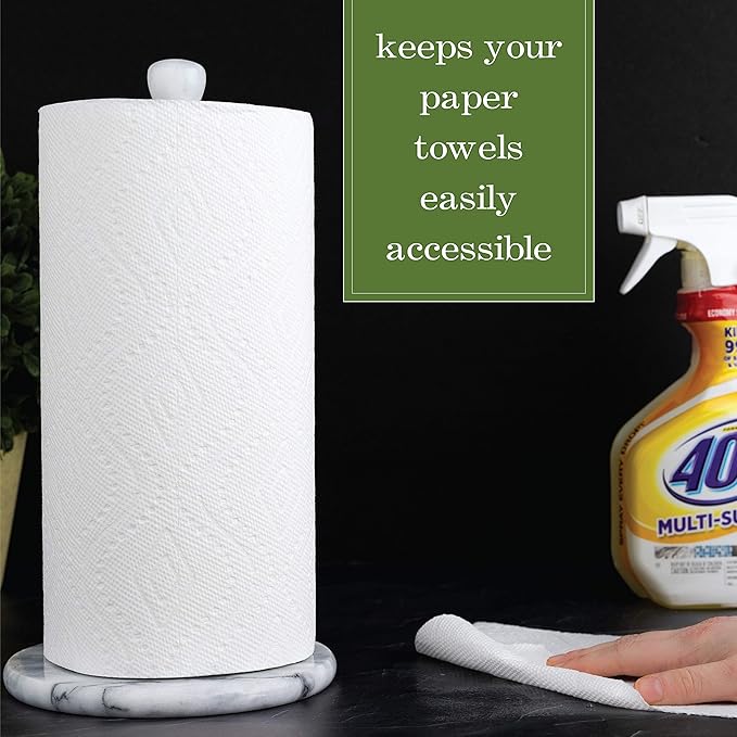 Homeries Marble Paper Towel Holder – Deluxe Upright Towel Dispenser for Kitchen Countertop, Cabinet & Bathrooms – Non Steel & Non Plastic Design – Heavy Duty, Solid Paper Towel Holder Stand (White)