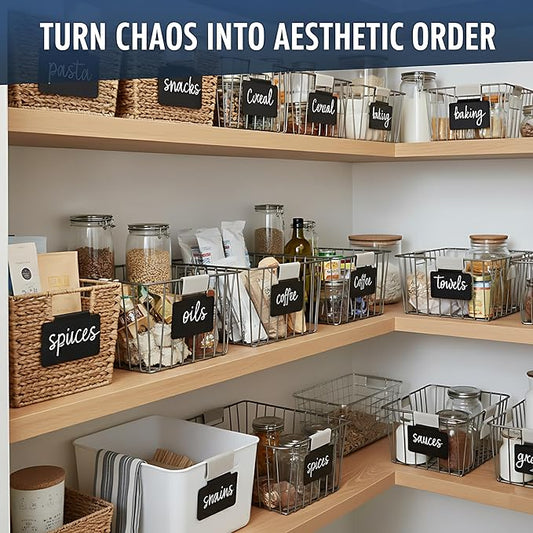 30 Basket Labels Clip On for Pantry Organization and Storage 3x4 inch - Plastic Baskets Bin Labels - Small Chalk Labels for Baskets - Black Bin Clip Labels for Baskets - Dry Erase Basket Tags