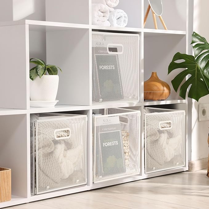 2 Pcs Foldable Metal Cube Storage Baskets 13x13 Kitchen Wire Baskets Stackable Mesh Laundry Organizer Bin with Handles for Shelves Kitchen Pantry Cabinets Closet Food (White)