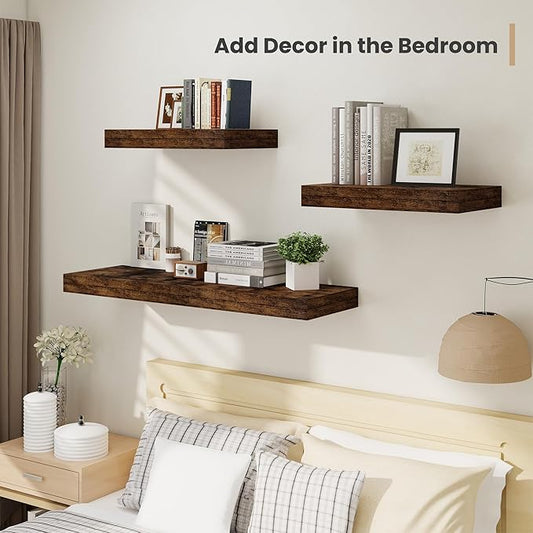 Heimlove 12" Deep Floating Shelves, 36 x 12 Inch Wall Mounted Long Floating Shelf with Invisible Brackets, for Home Decor, Bedroom, Kitchen, Living Room, Bathroom - 2 Pack, Rustic Brown