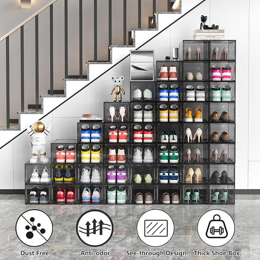 MCIJRJOI 12 Pack Hard Sturdy Thickened Rigid XX Large Shoe Storage Organizer for Closet, Clear Stackable Sneaker Shoe Boxes Rack Containers Display Case Bins with Lids, Grey02