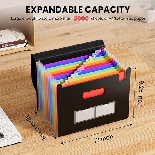 Sooez Accordion File Organizer, 13 Pockets Expanding File Folder, Portable Monthly Paper Bill Tax Receipt Organizer, Letter A4 Size Document Holder with Blank Labels