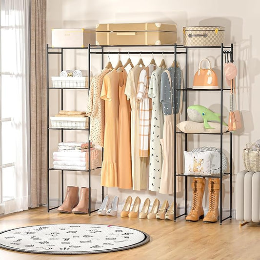 Neprock Portable Closet Wardrobe, Metal Clothing Rack with 8 Shelves & 1 Hang Rod, Free Standing Closet Rack for Hanging Clothes Closet Organizers and Storage, 63"*63"*12", Black