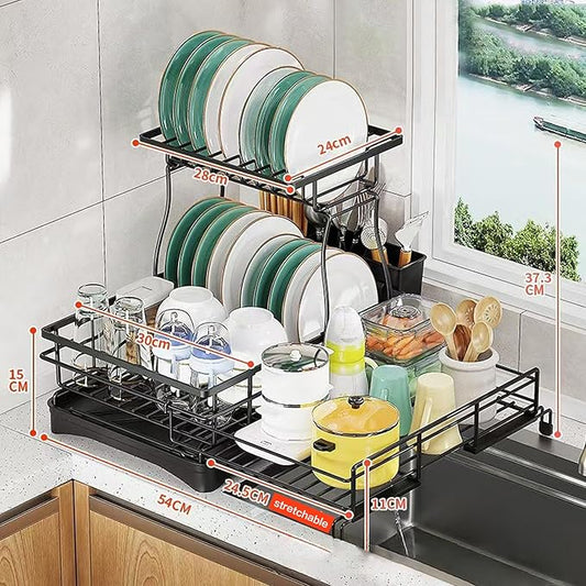 Expandable Dish Drying Rack–Adjustable Single or 2 Tier Dish Rack System,Double Dish Drainer,Large Capacity,2-in-1 Anti-Rust Stainless Steel Dish Rack for Kitchen Counter and Sink (2 Tier Expandable)