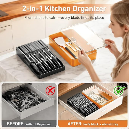 MAD SHARK 2-in-1 Detachable Knife Block & Silverware Organizer, Drawer Knife Holder for 10 Knives, BPA-Free, Blade-Safe Slots, Save Counter Space, Kitchen Drawer or Counter Storage, No Knives