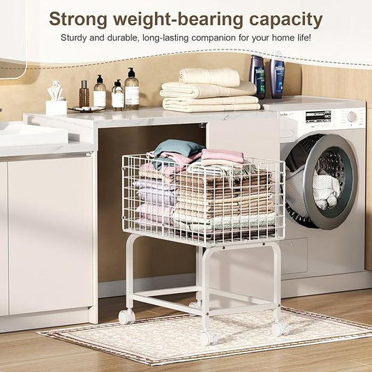Wire Laundry Hamper Cart,80L Laundry Hamper Trolley with Pull Handle,White High Laundry Basket Cart for Laundry Room,Bathroom,Bedroom-White(23.6 * 15.75 * 28inch)