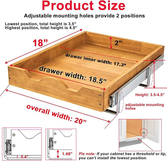 DINDON Pull Out Cabinet Organizer (20" W x 18" D) 1 Tier,Single Tier Oak Wood Under Cabinet Slide Out Shelf Drawer Box…