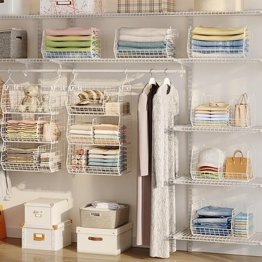 3 Tier Extra Large Closet Hanging Shelves with Divider, 16.5"L x 11.8"W x 33.6"H Closets Organizers and Storage with 5 S Hooks, Clothes Organizer for Sweaters Shoes Handbags Clutches Accessories-White