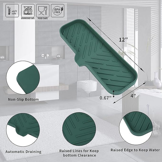 MicoYang Silicone Bathroom Soap Dishes with Drain Spout-Bathroom and Kitchen Sink Organizer,Sponge Holder,Dish Soap Tray,Perfect for Dispenser,Scrubber,Bottle,Cup on Sink or Counter-Green 12"×4"
