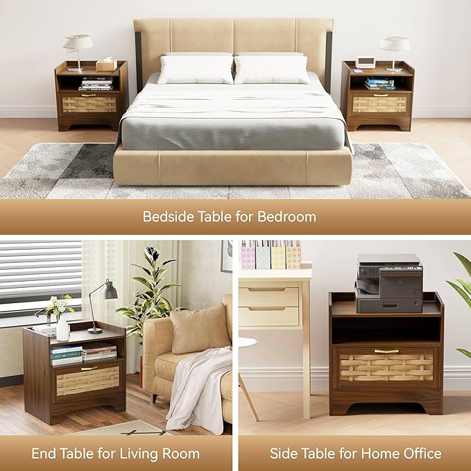 HOCAT 24" Rattan Nightstand Set of 2, Walnut Bedside Table with Semi Open Cubby, Boho Night Stand with Farmhouse Arched Base for Bedroom, Side Table, End Table for Dorm