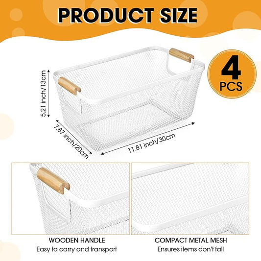 4 Pcs Metal Wire Basket with Wooden Handles Mesh Steel Storage Organizer Bin Containers for Home Organizing Cabinet Pantry Closet Kitchen Fridge Fruit Makeup Snacks Gifts(Medium,Cream White)