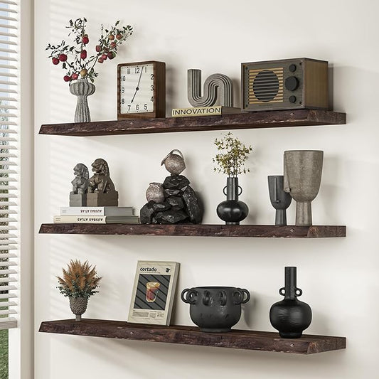 Fun Memories Floating Shelves for Wall Set of 2, Rustic Solid Elm Wood Live Edge Wall Shelves 36 Inch - Invisible Bracket Mount for Living Room, Bathroom, Bedroom, Kitchen, Walnut