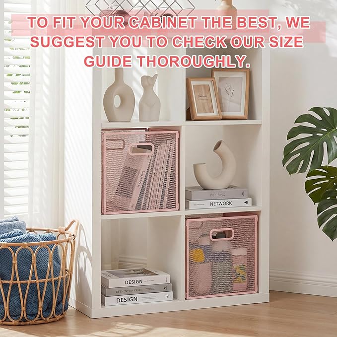 2 Pcs Foldable Metal Cube Storage Baskets 13" x 13" Pink Kitchen Wire Baskets Stackable Mesh Laundry Organizer Bin with Handles for Shelves Kitchen Pantry Cabinets Closet Food