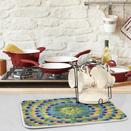 ZzWwR Beautiful Peacock Feathers Absorbent Dish Drying Mat Microfiber Kitchen Countertop Table Protector Multi-Purpose Counter Rack Sink Drainer Pad (16" x 18")