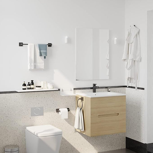 Ruacq 4 Pieces Bathroom Hardware Set Matte Black Square Stainless Steel and Zinc Alloy Modern Wall Mounted,18-Inch Towel Bar,Toilet Paper Holder,Towel Ring,Robe Hook,Bathroom Accessories Kit