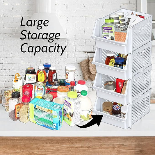 TidyFriend Stackable Storage Bins for Pantry, 4 Pack Stackable Bins For Organizing Food, Kitchen, and Bathroom Essentials (White)