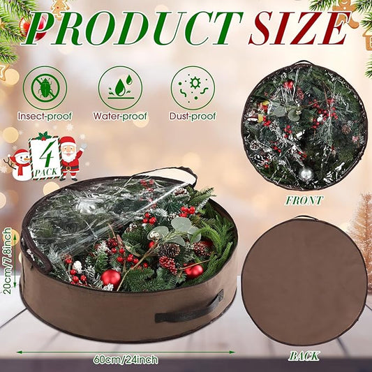 4 Pack Wreath Storage Container, 24 Inch Christmas Wreath Storage Box with Clear Window and Handles Upgrade Oxford Cloth Garland Bags with Dual Zipper for Xmas Wrapping, Brown