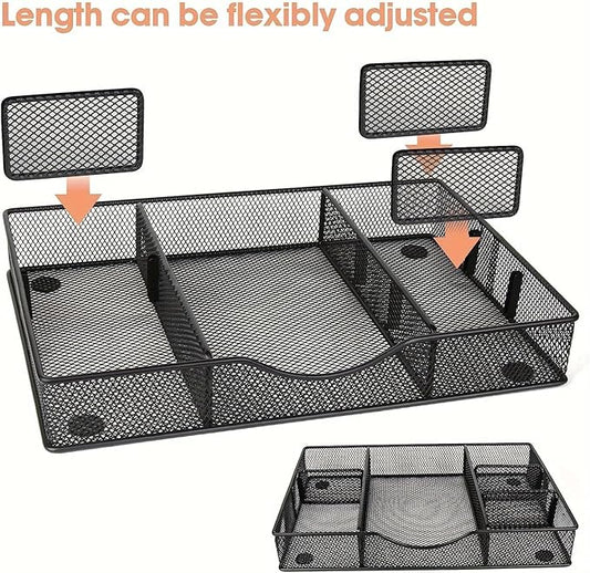 VyGrow Desk Drawer Organizer Tray, Metal Mesh Drawer Organizers Office, 6 Adjustable Compartment, Desk Organizer Tray for Home Office 12.87L x 8.73D x 1.96H inch, Black, 1PC Medium