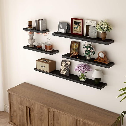 BGMG Wood Floating Shelves 16 inch, Wide Rustic Wooden Wall Shelves for Bathroom Living Room Bedroom Kitchen Farmhouse Set of 2-16x 6.7 x1.25 inch- Black
