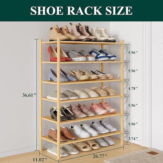 Smiry Bamboo Shoe Rack 6-Tier, Stackable Wooden Shoe Organizer for Entryway & Closet, Free Standing Wood Shoe Storage Shelf for Front Door & Small Spaces, Natural