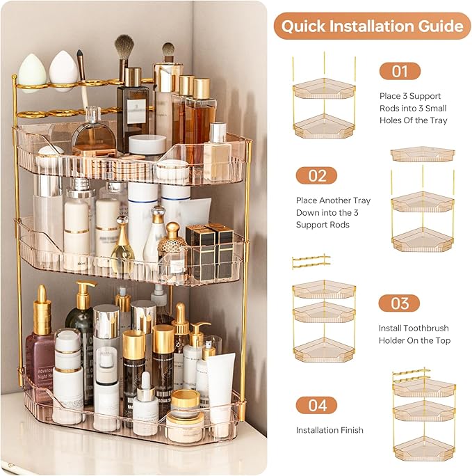 ZZWILLB Corner Bathroom Counter Organizer with Makeup Brush Holder & Toothbrush Holders, Makeup Organizer for Vanity Countertop, Acrylic Skincare Storage Shelf (Amber, 3-Tier)