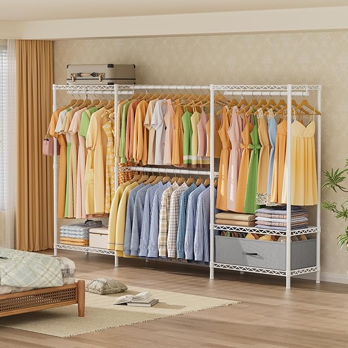 Coat Rack Clothes Wardrobe:Closet Organizer and Storage Clothing Garment Rack with Shelves Heavy Duty for Hanging Clothes Portable Adjustable White 15.8" DX69 WX76.5 H