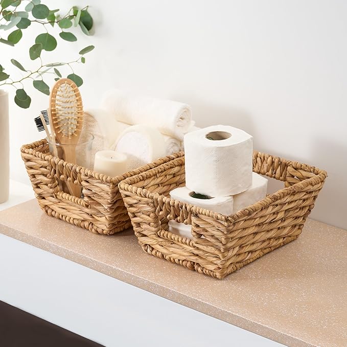 Isidore Water Hyacinth Storage Basket, Woven Rectangular Organizer for Kitchen and Bathroom, 12.2 x 9.4 x 5.1 inches, Natural Brown