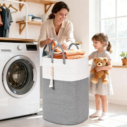 Woven Laundry Basket for Clothes, 80L Large Rectangle Laundry Hampers with Beads Tassel, Nursery Storage Basket for Toys, Tall Dirty Clothes Hamper for Bedroom Aesthetic, Laundry Room Organization